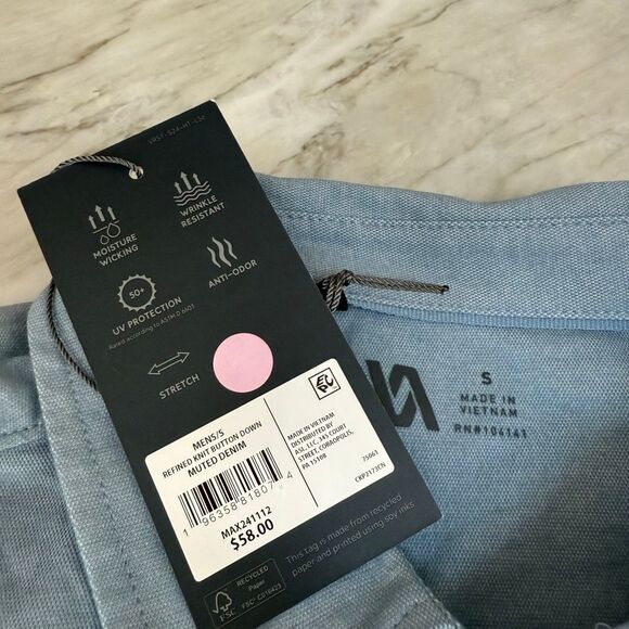 VRST Men's Refined Knit Short Sleeve Button Up Collared Shirt muted denim S NWT - Picture 3 of 6